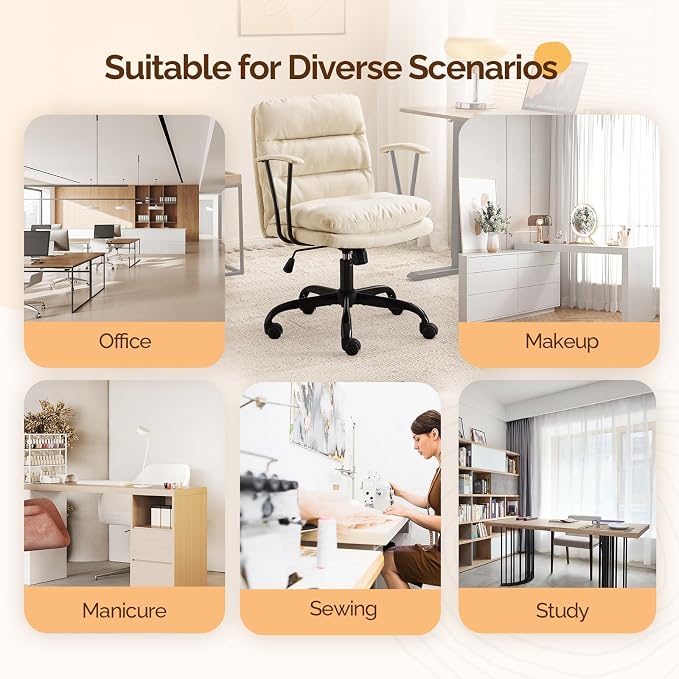 VINGLI Comfortable Office Desk Chairs with/No Wheels,Dual-Base,Removable Armrests,Adjustable Comfy Swivel Computer Task Nail Tech Chair for Office,Sewing,Makeup Vanity,Teen,Linen Fabric,Pale Yellow
