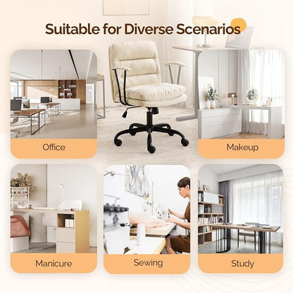 VINGLI Comfortable Office Desk Chairs with/No Wheels,Dual-Base,Removable Armrests,Adjustable Comfy Swivel Computer Task Nail Tech Chair for Office,Sewing,Makeup Vanity,Teen,Linen Fabric,Pale Yellow