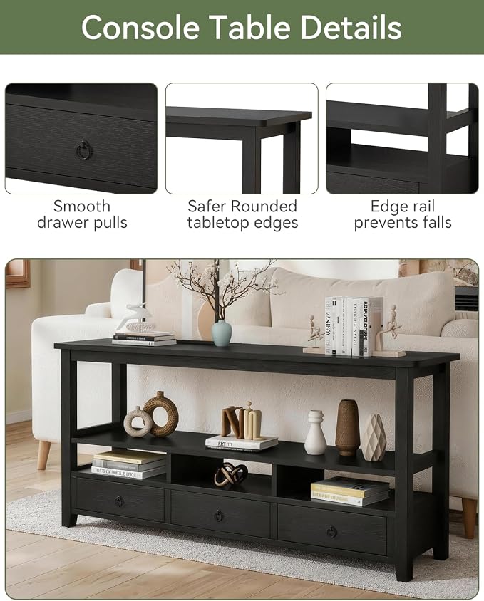 Karl home Console Table with 3 Bottom Drawers, 57.9" W Sofa Side Table Entryway Desk with 3 Storage Cubbies 1 Open Shelf, Vintage TV Stand for Hallway Living Room Office, Black 29.9" H
