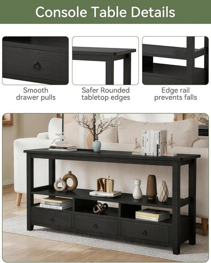 Karl home Console Table with 3 Bottom Drawers, 57.9" W Sofa Side Table Entryway Desk with 3 Storage Cubbies 1 Open Shelf, Vintage TV Stand for Hallway Living Room Office, Black 29.9" H