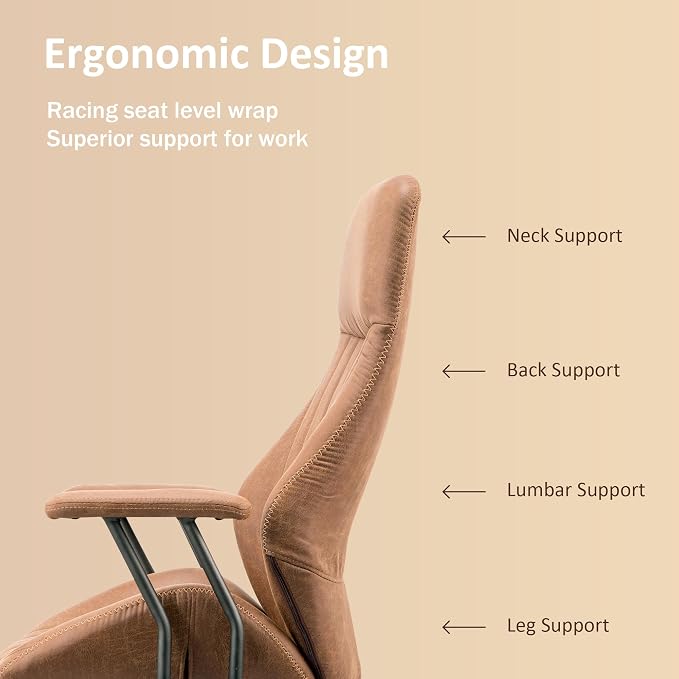 High Back Home Office Chair, Mid Century Vintage Executive Chair,Comfy Ergonomic Rolling Office Task Chair with Lumbar Support,Brown Faux Leather Office Chair,Brown