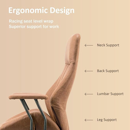 High Back Home Office Chair, Mid Century Vintage Executive Chair,Comfy Ergonomic Rolling Office Task Chair with Lumbar Support,Brown Faux Leather Office Chair,Brown
