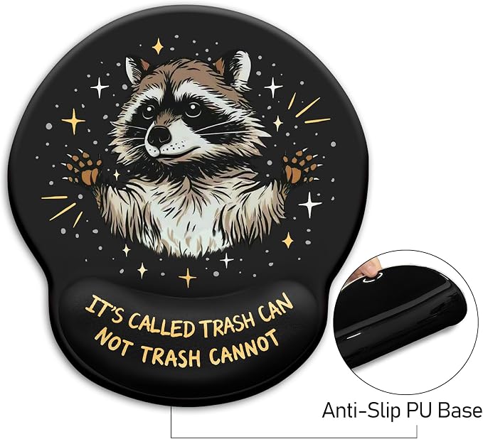 Mouse Pad with Wrist Rest, Funny Trash Raccoon Ergonomic Mousepad Wrist Support for Desk, Cute Animial Gaming Mousepads for Wireless Mouse Computer Work Home Desk Accessories Office Supplies Black