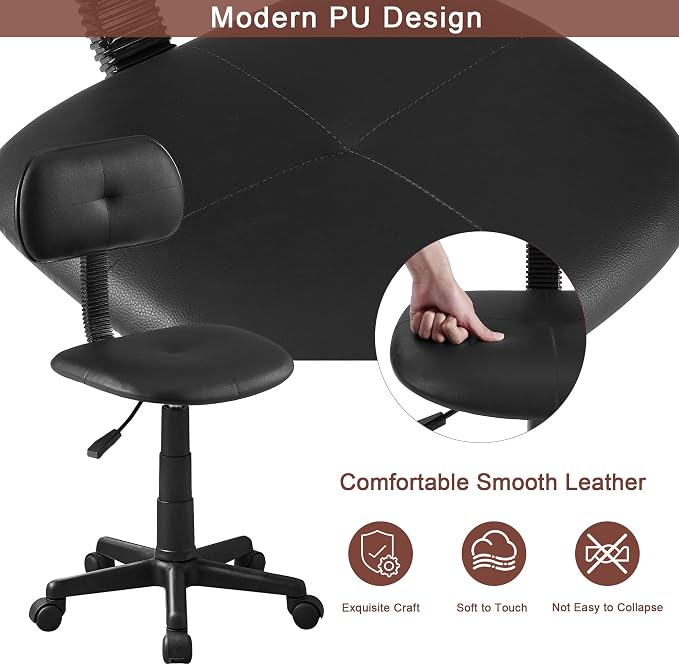 VECELO Small Armless Home Office Chair Adjustable Stools for/Desk/Computer/Task, Low-Back Height 360° Swivel, Set of 1, Black