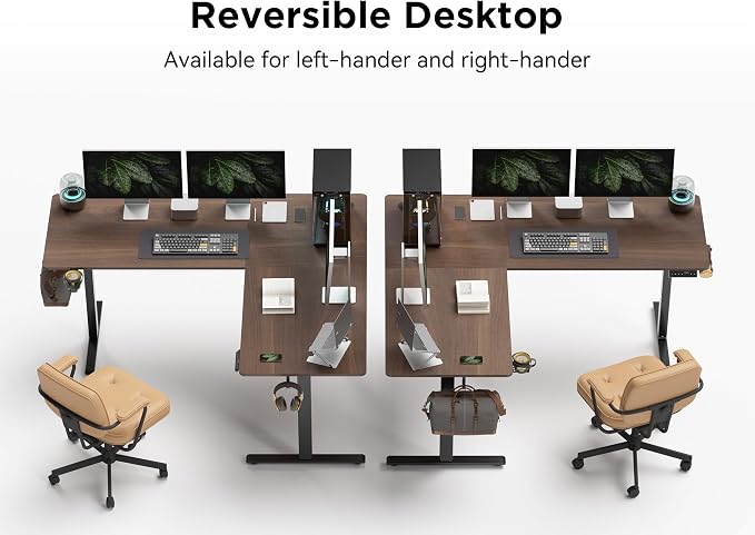 WALKINGDESK 63X55 Inches Reversible L Shaped Standing Desk Height Adjustable with Cup Holder, Electric Corner Computer Desk, Sit Stand up Home Office Desk, Ergonomic Gaming Desk, Black Walnut