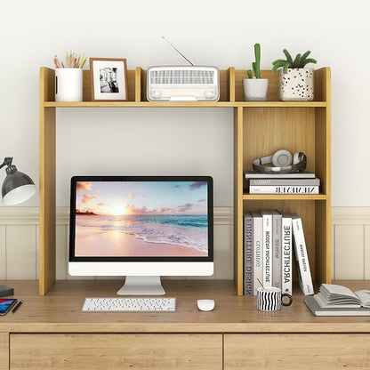 LDAILY Desktop Shelf, Multipurpose Wood Desk Hutch for Max 27" Computer Monitor, Countertop Storage Hutch with 5 Shelves, 3 Tier Desktop Display Rack for Dorm Office Home (Burlywood)