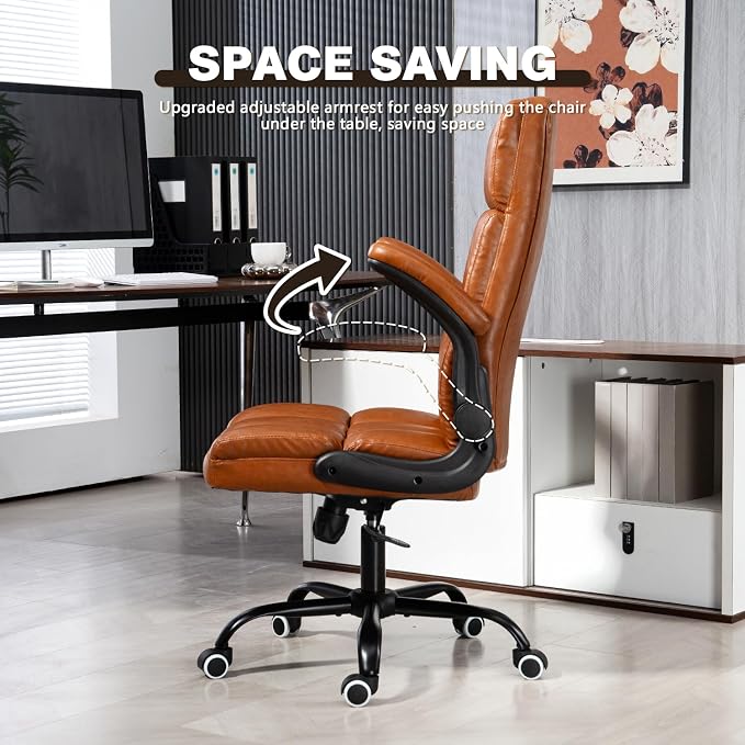 ECOTOUGE Executive Office Chair, PU Leather Ergonomic Comfy Desk Chair, High Back Computer Chair with Adjustable Tilt Angle and Flip-up Arms (Without Footrest Brown)
