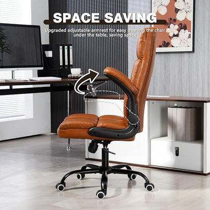 ECOTOUGE Executive Office Chair, PU Leather Ergonomic Comfy Desk Chair, High Back Computer Chair with Adjustable Tilt Angle and Flip-up Arms (Without Footrest Brown)