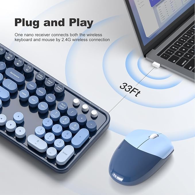 MOFII Wireless Keyboard and Mouse Combo, 2.4GHz Retro Typewriter Keyboard Full Size, Cute Wireless Mice, USB Dongle Plug and Play, for Laptop, PC, Desktop, Windows (Sea Blue Gradient Color)