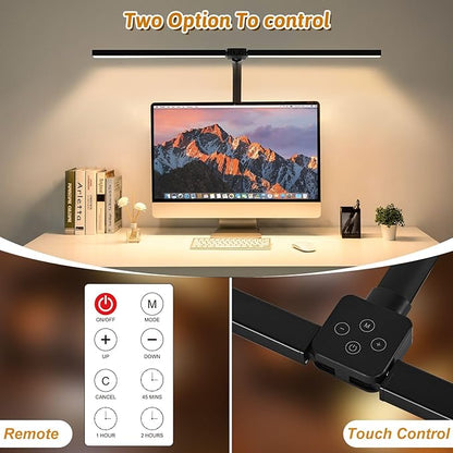 LED Desk Lamp for Office Dorm Home - Eye Caring Desk Light with Timer, Remote Control 24W Brightest Dual Screen Computer Monitor Gooseneck Dimmable Table lamp with Anti-Glare Cover Clamp