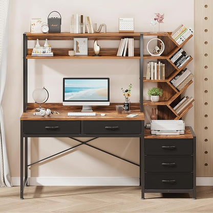 YOMILUVE Reversible Computer Desk with Hutch, Home Office Desk with 5 Drawers and Bookshelf, 52'' Study Writing Desk with Storage Shelves for Bedroom Home Office, Rustic Brown