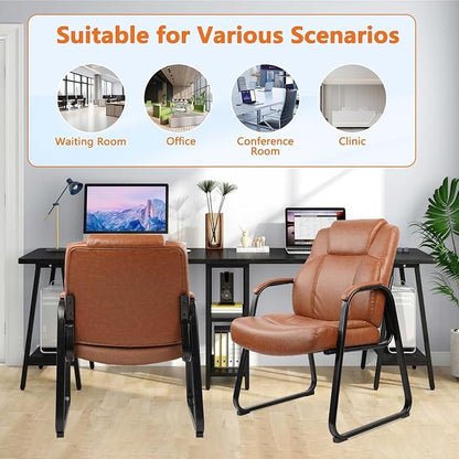 CLATINA Big Tall 500 LB Wide Guest Chairs Heavy Duty, Leather Side Reception Chairs with Sled Base and Arms, Executive Office Desk Chair No Wheels for Meeting Conference Waiting Room Home, Brown 6 PK
