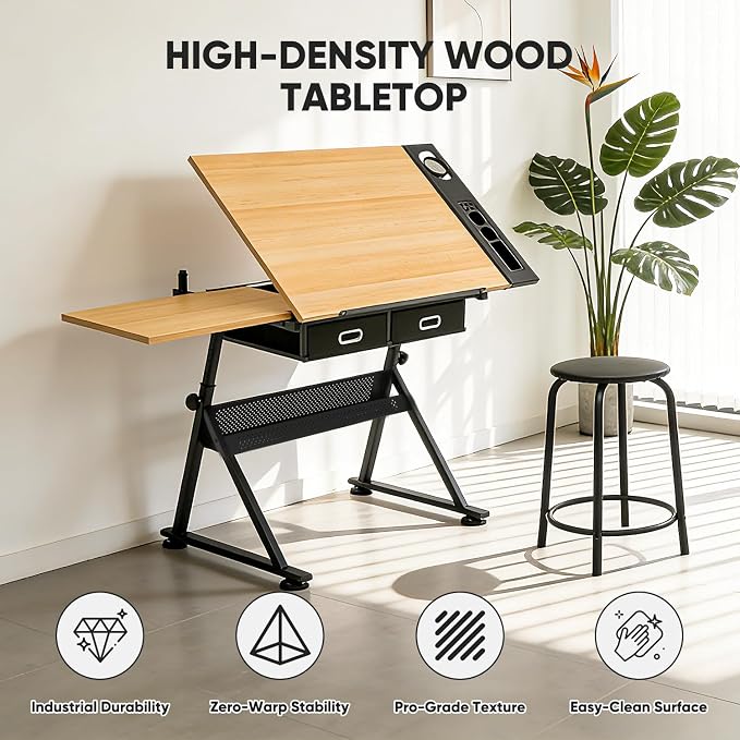 Magshion Professional Drafting Table for Adults w/Stool, Tilting Wooden Tabletop & Adjustable Height, Art Craft Desk Watercolor Painting Sketching Work Station for Studio Home Office School (Natural)