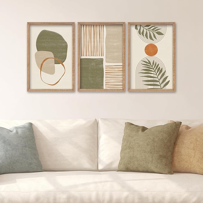 SRSZHIYUE Large Green Abstract Boho Plant Wall Art Neutral Bohemian Set of 3 Wood Framed 24x16 Inch for Living Room Bedroom Wall Decor Hanging (Wood)