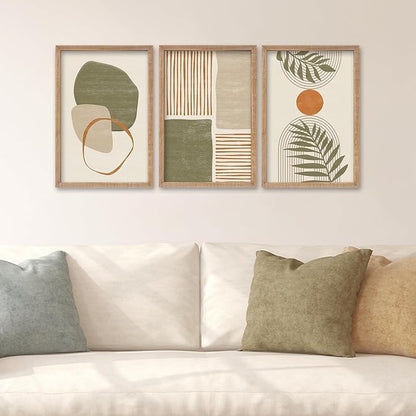 SRSZHIYUE Large Green Abstract Boho Plant Wall Art Neutral Bohemian Set of 3 Wood Framed 16x11 Inch for Living Room Bedroom Wall Decor Hanging (Wood)