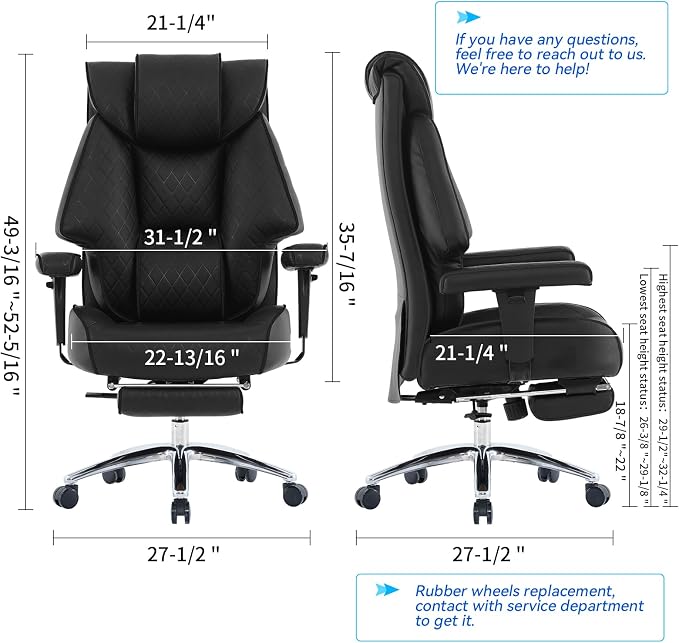 EXCEBET Big and Tall Office Chair with Footrest, PU Leather High Back Executive Office Chair 400lbs, Ergonomic Computer Chairs Lumbar Support for Heavy People (All Black)