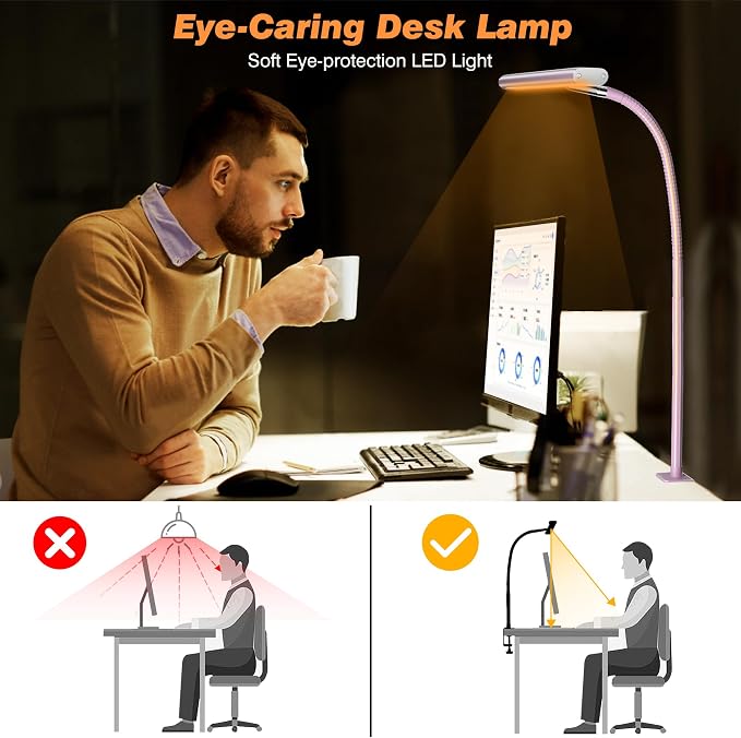 Airlonv LED Desk Lamp for Office Home, Eye-Caring Desk Light with Stepless Dimming Adjustable Flexible Gooseneck, 10W USB Adapter Desk Lamp with Clamp for Reading, Study, Workbench (Pink)