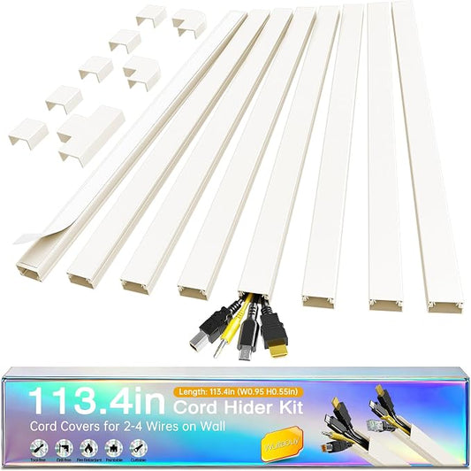 Cord Hider Kit, 113.4in Cord Covers for 2-4 Wires on Wall, Self-Adhesive Cable Hider Wire Covers for Cords on Wall, Paintable Cable Cover Raceway, Cord Hider for Walls Mount Tv, W0.95 H0.55in, Beige