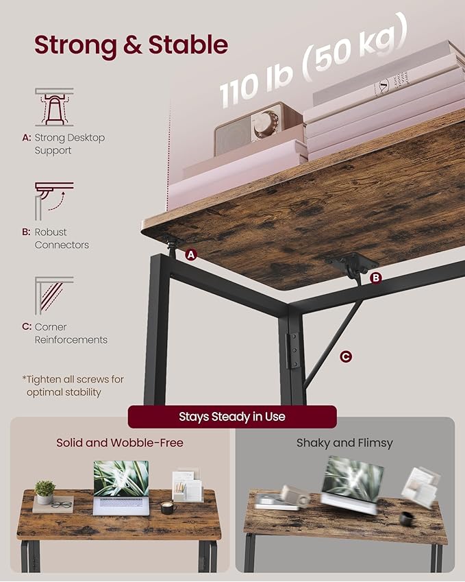 VASAGLE Folding Desk, Foldable Computer Desk, One-Piece Desktop, Rounded Edges, Small Folding Craft Table for Bedroom, Balcony, Camping, Easy Assembly, 31.5 x 15.7 Inches, Rustic Brown ULWD151KD01