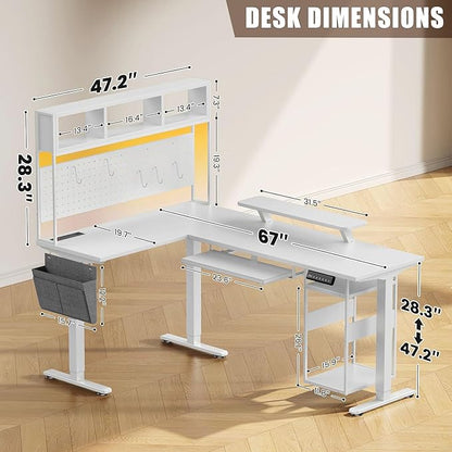 Flycity Electric L Shaped Standing Desk Adjustable Height, 67" x 47" Corner Computer Desk with Host Shelf, Gaming Desk with LED Lights & Power Outlet, Dual Motor Home Office Desk with Storage, White