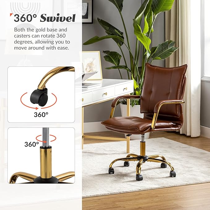 HULALA HOME Faux Leather Home Office Desk Chair, Adjustable Swivel Computer Chair with Golden Legs and Arms, Comfy Upholstered Task Chair, Brown