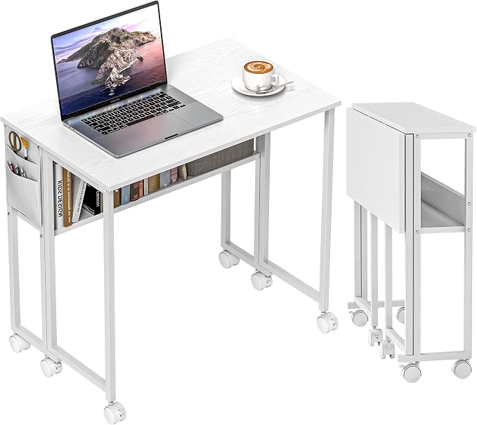HOMCOM Small Folding Desk, Rolling Computer Desk Foldable with Storage Bag and Shelf, 31.5" Portable Writing Table on Wheels for Small Spaces, Home Office, Study, Easy Assembly, White