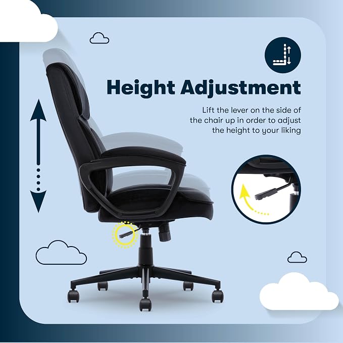 Serta Comfort Classic Executive Office Chair, Ergonomic Mid-Back Computer DeskChair with Lumbar Support, Semi-Plush Cushion and Body Pillows, Padded Armrests, Swivel Base, Black Velvet Fabric