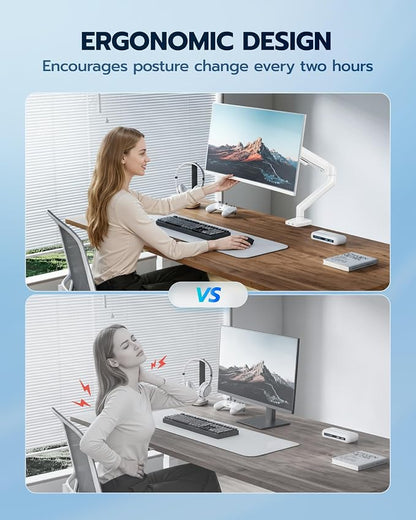 ARES WING Heavy Duty Single Monitor Arm - Fully Adjustable Monitor Mount for 17"-40" Ultrawide Screens up to 26.4 lbs with Clamp/Grommet Desk Mount, 75/100 Vesa Mount, White