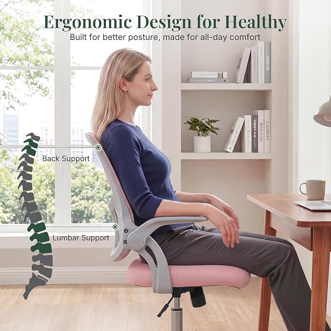 Home Office Desk Chair, Ergonomic Mid-Back Mesh Computer Task Chair with Comfortable Lumbar Support, Height Adjustable Swivel with Flip-up Armrest for Adults, Student, Pink