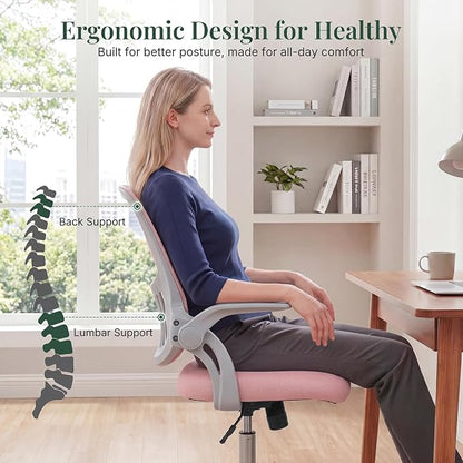 Home Office Desk Chair, Ergonomic Mid-Back Mesh Computer Task Chair with Comfortable Lumbar Support, Height Adjustable Swivel with Flip-up Armrest for Adults, Student, Pink