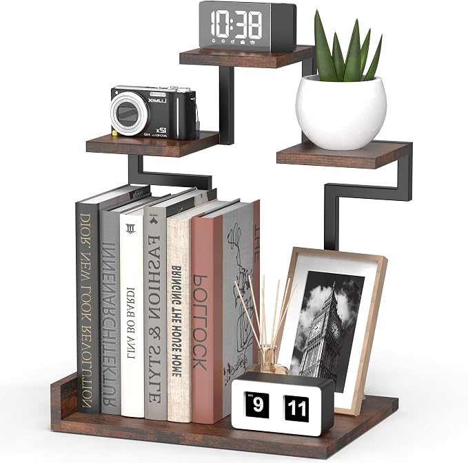 Desk Shelf Organizer, 4 Tier Small Desk Organizer, Wooden Desktop Shelf with Metal Frame, Bookshelf for Office, Kitchen, Books, Plants, Toys, Rustic Brown Black