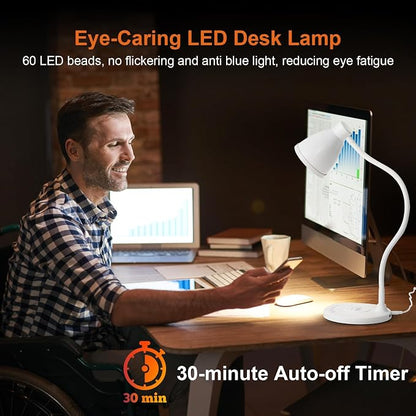 BOHON LED Desk Lamp for Home Office with USB C Charging Wireless Charger | 5 Colors, Stepless Dimming Desk Light Timer Reading Light Touch Bedside Table Lamp for College Dorm Room