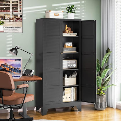 Letaya 72" H Metal Storage Cabinet with 2 Doors and 4 Shelves,Tall Kitchen Pantry Cabinets,Utility Pantry Organizers for Cupboard/Dining/Bathroom/Home Office/Garage (Black, 72" H x 18" D x 33.5" W)