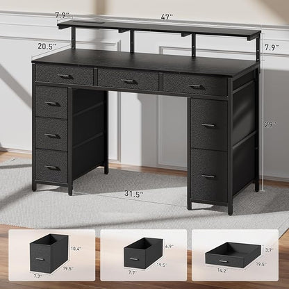 HLDIRECT 47 inch Computer Desk with 8 Storage Drawers, Gaming Desk with LED Lights & USB Power Outlets, Home Office Table with Monitor Stand, Study Writing Work Table for Bedroom, Black