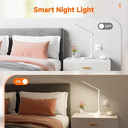 ShineTech LED Desk Lamp for Home Office, Dimmable Desk Light with 25 Lighting Combinations and USB Port, Memory and Timer Folding Reading Light for Study Nightstand, White
