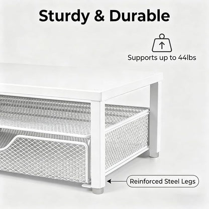 Spacrea Desk Organizer and Accessories, Computer Monitor Stand Riser with Drawer and 1 Open Pen Holder, Printer & Laptop Stand, Office Desk Accessories for Home Office Supplies (White)