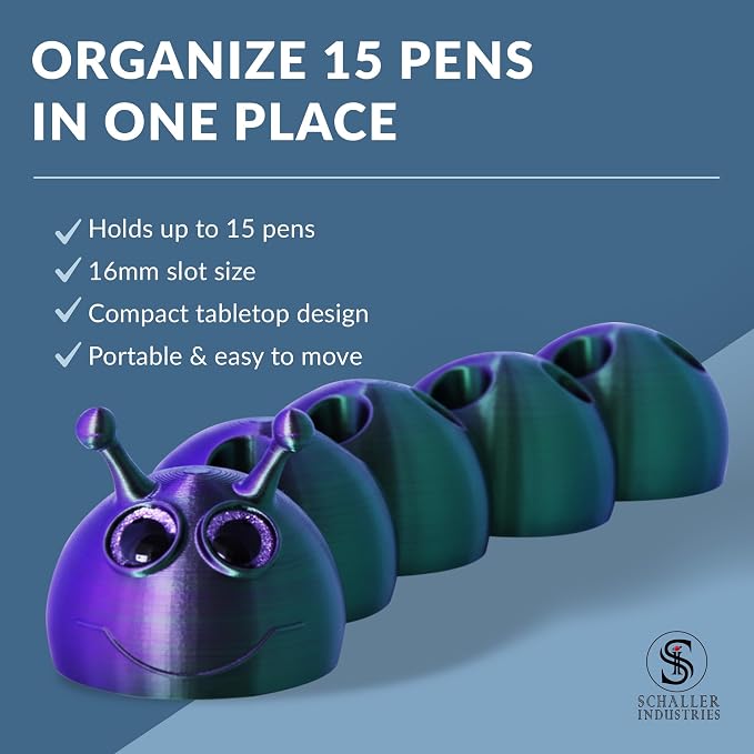 S I Schaller Industries Aesthetic Pen Holder for Desk 16mm Slot Size-Fun Metallic Purple Green Caterpillar Pencil Holder - Cute Pen Rack Holds 15 Pens, Compatible with Pencil, Marker & Office Supplies