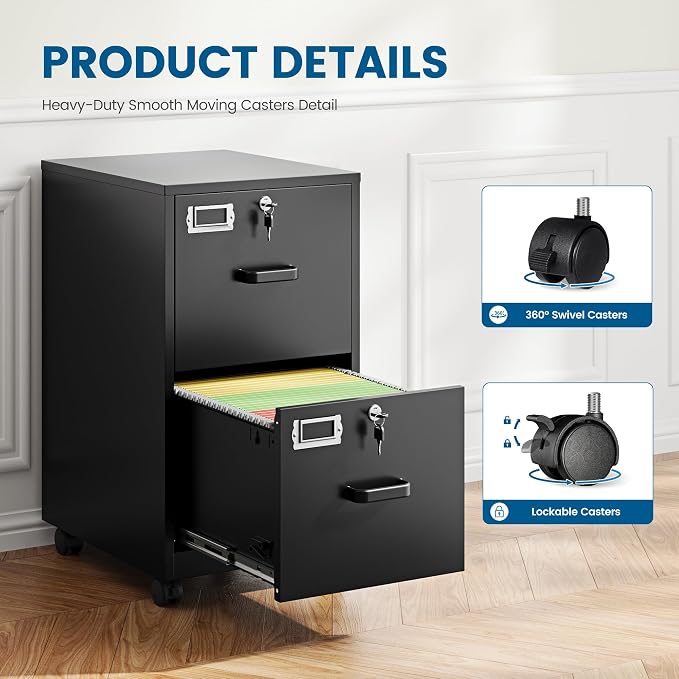 PEUKC 2 Drawers Mobile File Cabinet with Lock, Under Desk Rolling File Cabinet for Home Office, Organizes Letter Legal A4 Files, Black(Assembly Required)