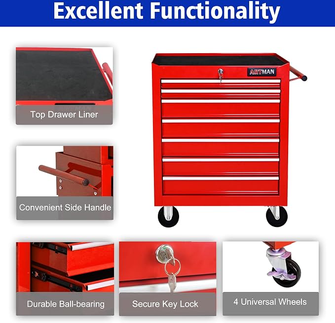 RYH 7 Drawers Rolling Tool Chest & Tool Box on Wheels | Heavy Duty Metal Cart with Ball Bearing Drawers | Fits US General Tool Box for Garage Storage (Red, 7 Drawers（29.6" H × 24.4" W × 13" D)