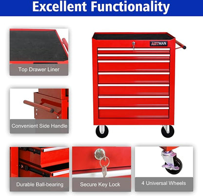 RYH 7 Drawers Rolling Tool Chest & Tool Box on Wheels | Heavy Duty Metal Cart with Ball Bearing Drawers | Fits US General Tool Box for Garage Storage (Red, 7 Drawers（29.6" H × 24.4" W × 13" D)