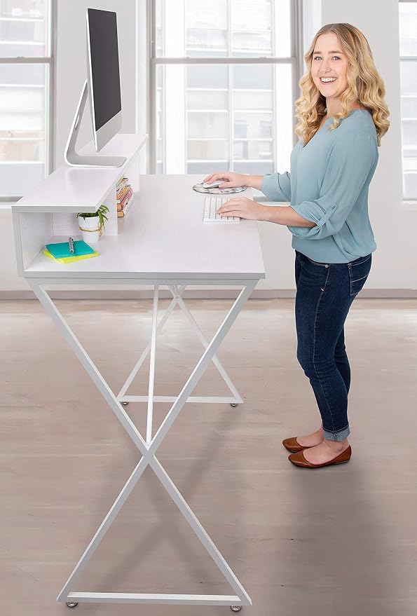 Stand Steady Joy Standing Desk | Pretty Standing Desk with Shelf & Built-in Storage Cubbies | Modern Stand Up Workstation | Tall Desk & Reception Table for Home, Dorm & Office (White / 48in x 42in)