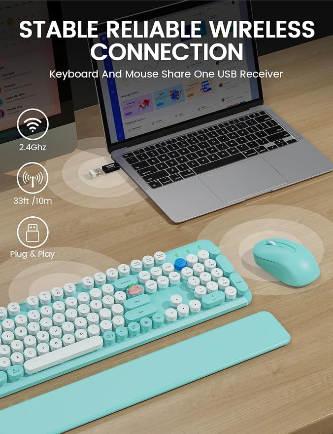 Wireless Keyboard and Mouse Combo - Cute Typewriter Keyboard with Detachable Wrist Rest, Retro Round Keycaps, Foldable Legs, 2.4GHz Full-Size for PC, Laptop, Windows - Trueque (Glacier Blue)