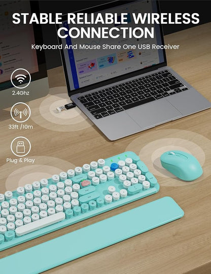 Wireless Keyboard and Mouse Combo - Cute Typewriter Keyboard with Detachable Wrist Rest, Retro Round Keycaps, Foldable Legs, 2.4GHz Full-Size for PC, Laptop, Windows - Trueque (Glacier Blue)
