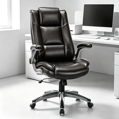 COLAMY Leather Executive Office Chair - High Back Ergonomic Home Computer Desk Chair with Padded Flip-up Arms, Adjustable Tilt Lock, Swivel Rolling Chair for Adult Working Study, Brown