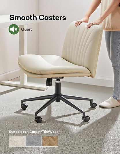 Marsail Armless-Office Desk Chair with Wheels: PU Leather Cross Legged Wide Chair,Comfortable Adjustable Swivel Computer Task Chairs for Home,Office,Make Up,Small Space,Bed Room, Gray Beige