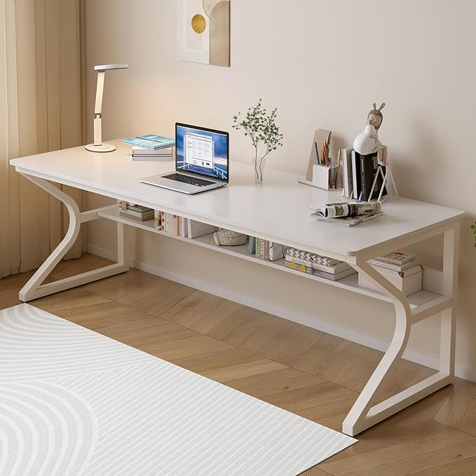 OSCHF Extra Long Desk with Bookshelf - 71" Double Long Writing Table for 2-Person Workstation, Modern Study Work Computer Desk for Home and Office, Warm White