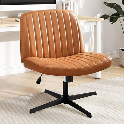 DUMOS Criss Cross Chair No Wheel Legged Office Wide Comfy Desk Vanity Chair, Armless Computer Task Seating PU Leather, Swivel Home Height Adjustable for Bedroom, Study, Brown No Wheel
