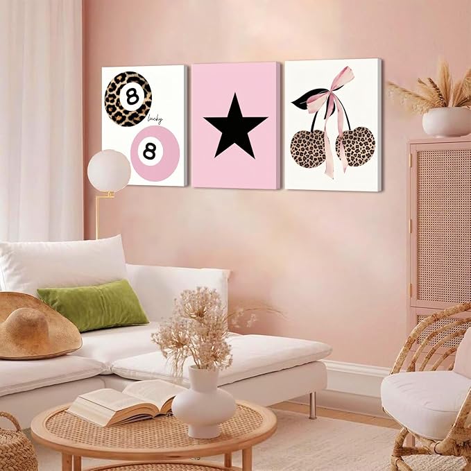 Trendy Pink Leopard Bow Canvas Wall Art Set of 3 Funky Cherry Lucky 8 Ball Posters Prints Wall Decor Cute Coquette Preppy Aesthetic Pictures for Girls Bedroom Dorm Apartment 12x16 In Framed