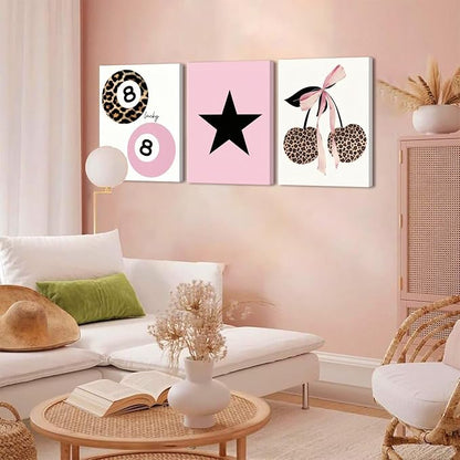 Trendy Pink Leopard Bow Canvas Wall Art Set of 3 Funky Cherry Lucky 8 Ball Posters Prints Wall Decor Cute Coquette Preppy Aesthetic Pictures for Girls Bedroom Dorm Apartment 12x16 In Framed