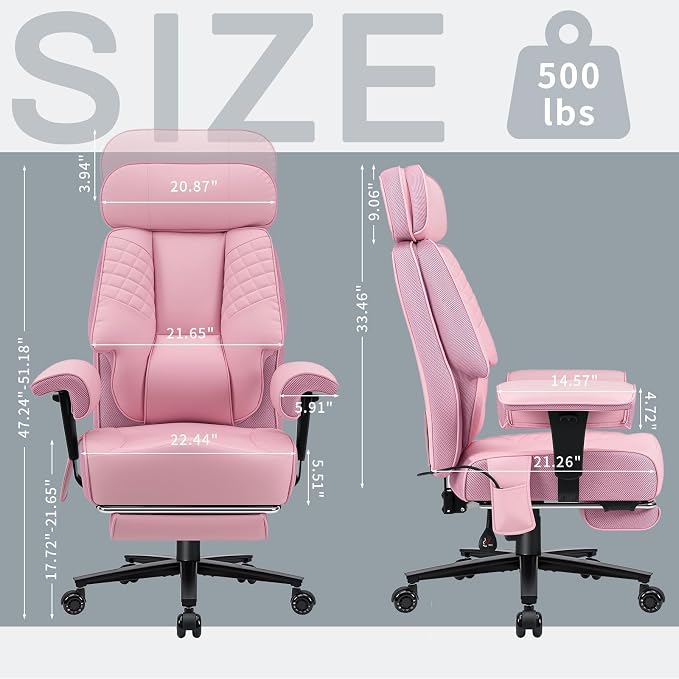 HOFFREE Big and Tall Office Chair 500lbs for Heavy People Executive Office Desk Chair with Wide Seat PU Leather Computer Chair with Adjustable Lumbar Support Pink